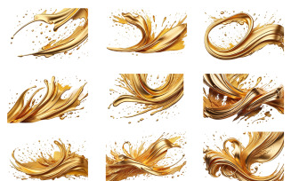 Golden paint splash explosion brush stroke background set