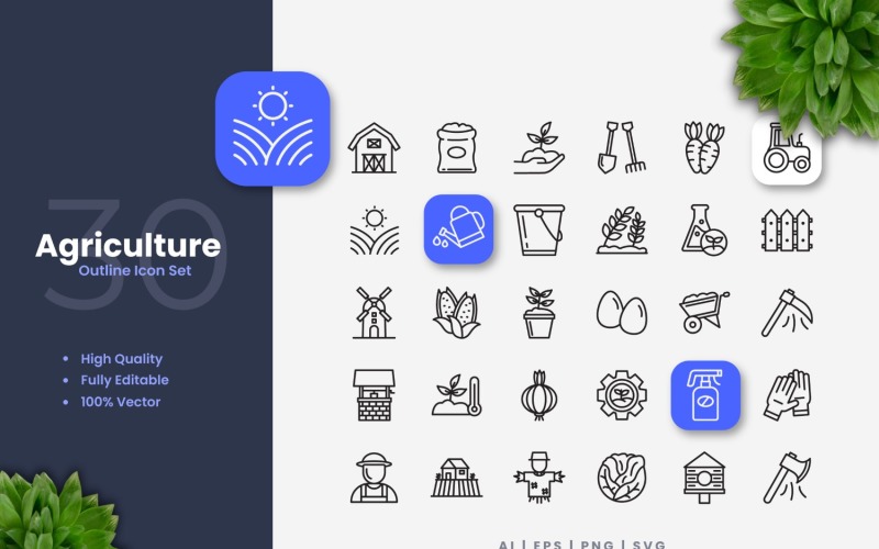 30 Agriculture Outline Icon Set