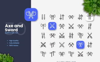30 Axe and Sword Outline Icon Set