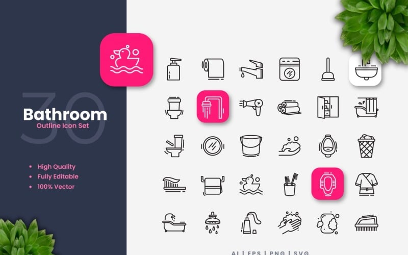 30 Bathroom Outline Icon Set