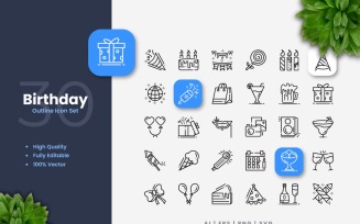 30 Birthday Outline Icon Set