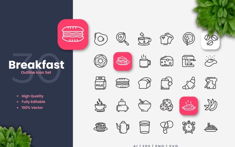 30 Breakfast Outline Icon Set