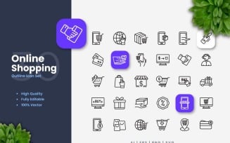 30 Online Shopping Outline Icon Set