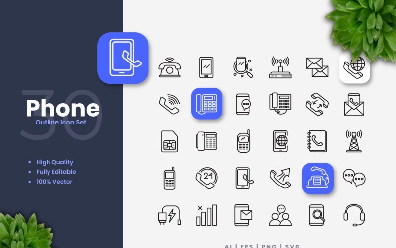 30 Phone Outline Icon Set