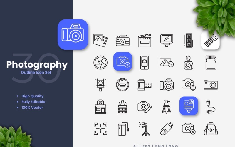 30 Photography Outline Icon Set