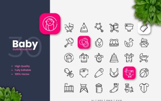 30 Set of Baby Outline Icon Collection