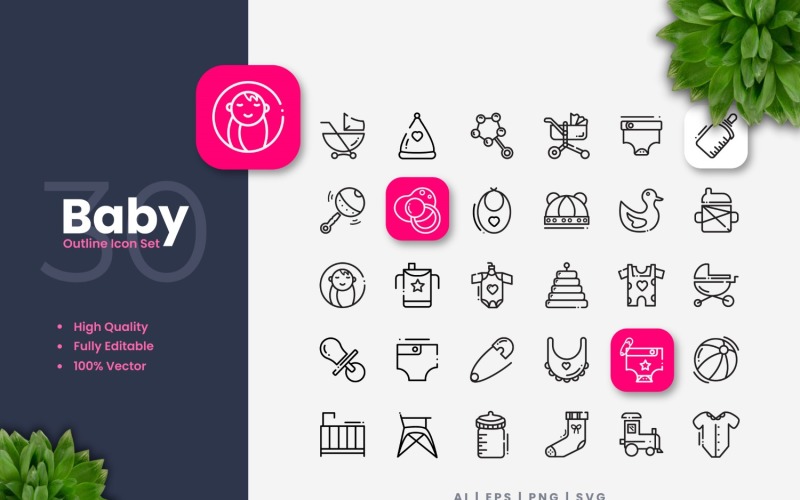 30 Set of Baby Outline Icon Collection Icon Set