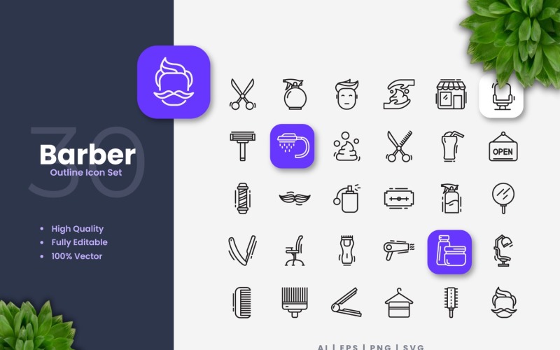 30 Set of Barber Outline Icon Collection Icon Set