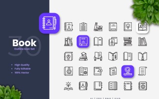 30 Set of Book Outline Icon Collection