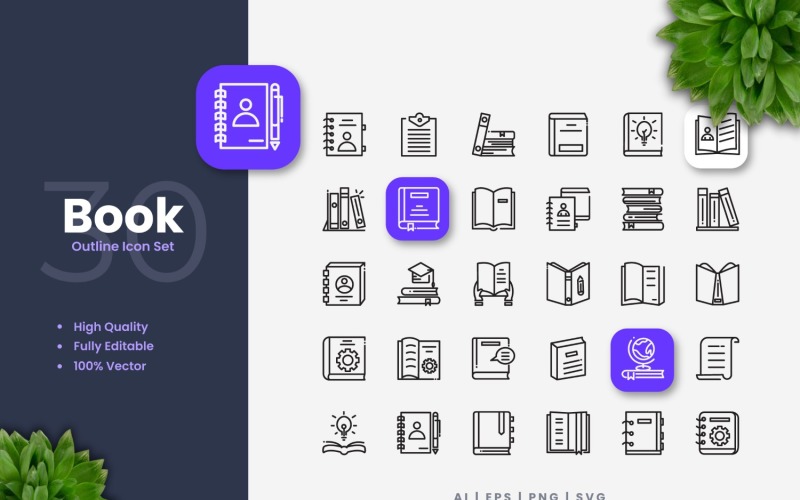30 Set of Book Outline Icon Collection Icon Set