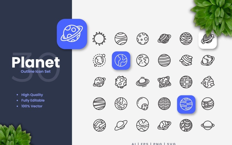 30 Solar System Planet Outline Icon Set