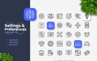 30 Settings and Preferences Outline Icon Set