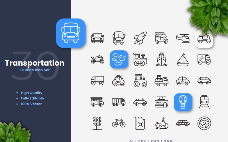 30 Transportation Outline Icon Set