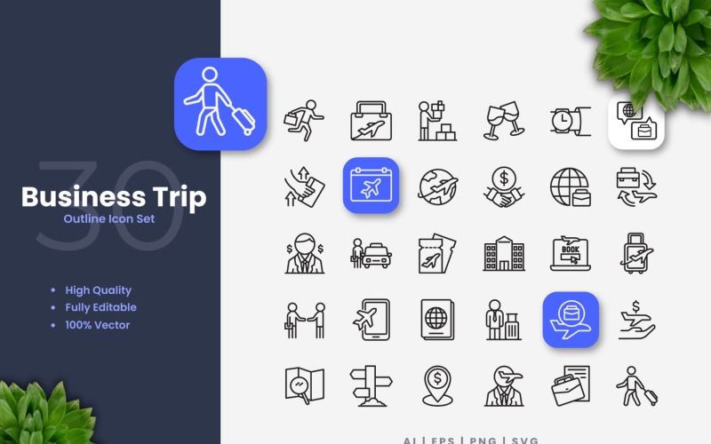 30 Business Trip Outline Icon Set