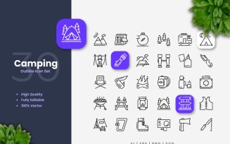 30 Camping Outline Icon Set