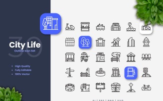 30 City Life Outline Icon Set