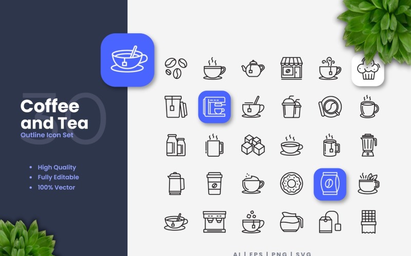 30 Coffee and Tea Outline Icon Set