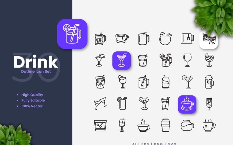 30 Set of Drink Outline Icon Collection Icon Set
