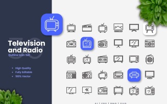 30 Televison and Radio Outline Icon Set