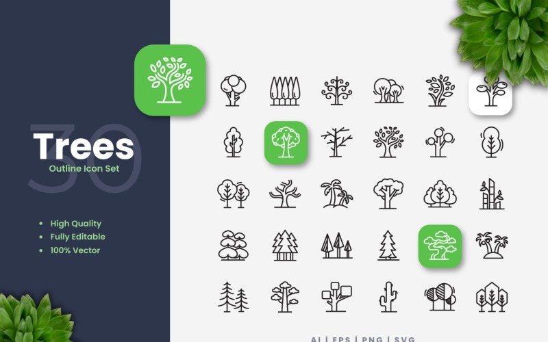 30 Trees Outline Icon Set