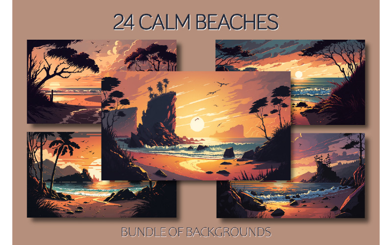 Calm beach with sunrise and sunset. Illustration