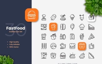 30 Fast Food Outline Icon Set