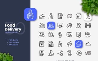 30 Food Delivery Outline Icon Set