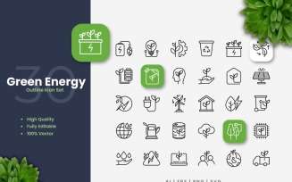 30 Green Energy Outline Icon Set