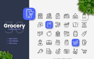 30 Grocery Outline Icon Set