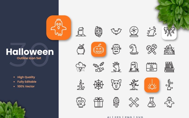 30 Halloween Outline Icon Set