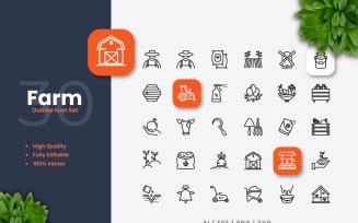 30 Set of Farm Outline Icon Collection