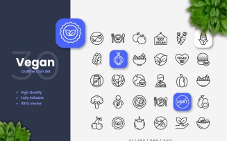30 Vegan Outline Icon Set