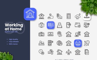 30 Working at Home Outline Icon Set