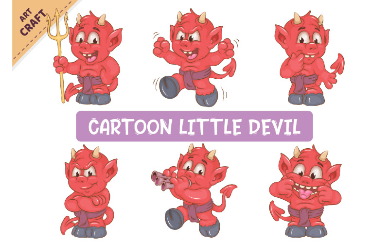 Set of Cartoon Little Devil. Halloween Clipart. Vector Graphic