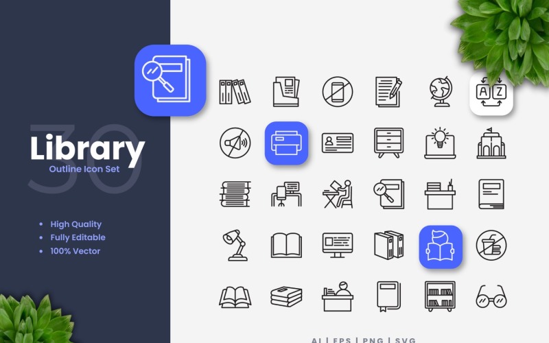 30 Library Outline Icon Set