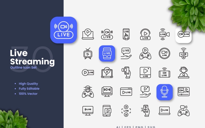 30 Live Streaming Outline Icon Set