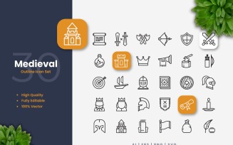 30 Medieval Outline Icon Set