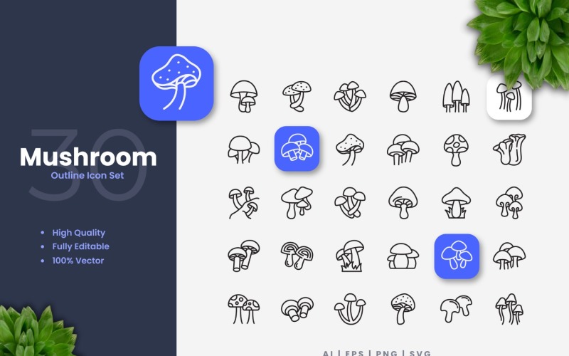 30 Mushroom Outline Icon Set