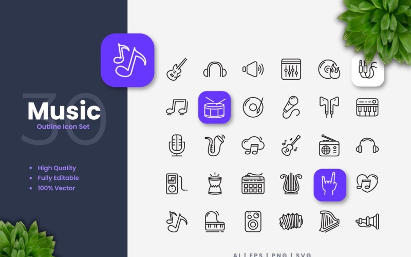 30 Music Outline Icon Set