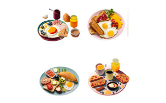 Breakfast set with fried eggs, toast, coffee, croissant and fruits