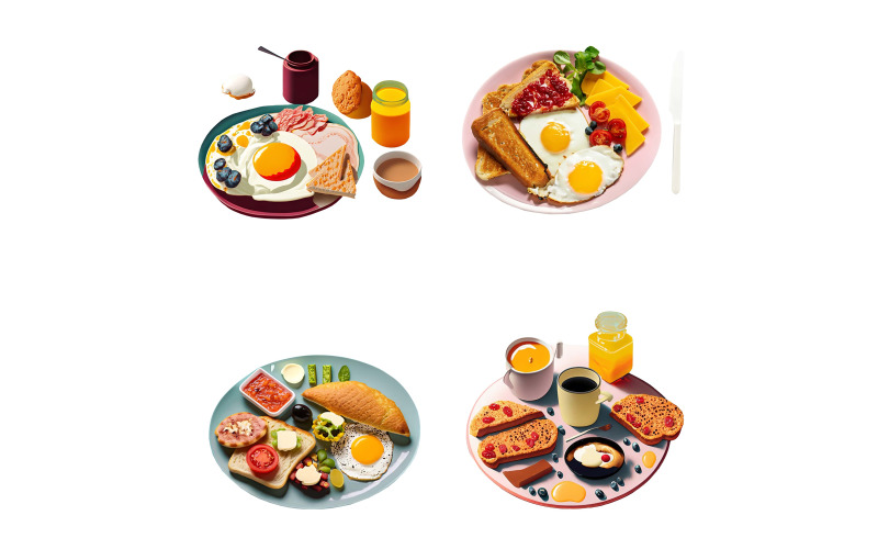 Breakfast set with fried eggs, toast, coffee, croissant and fruits Vector Graphic