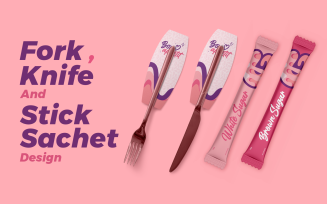 Colorful advertising design for a fork and knife and stick sachet
