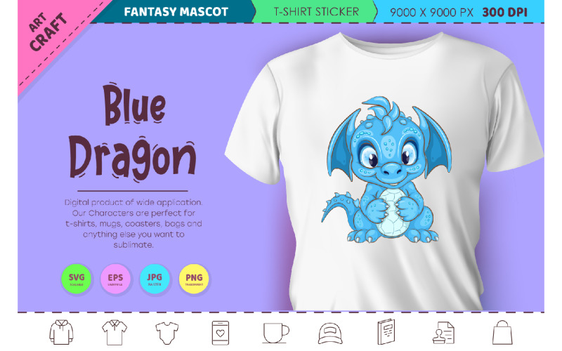 Blue cartoon Dragon. Fantasy clipart. Vector Graphic