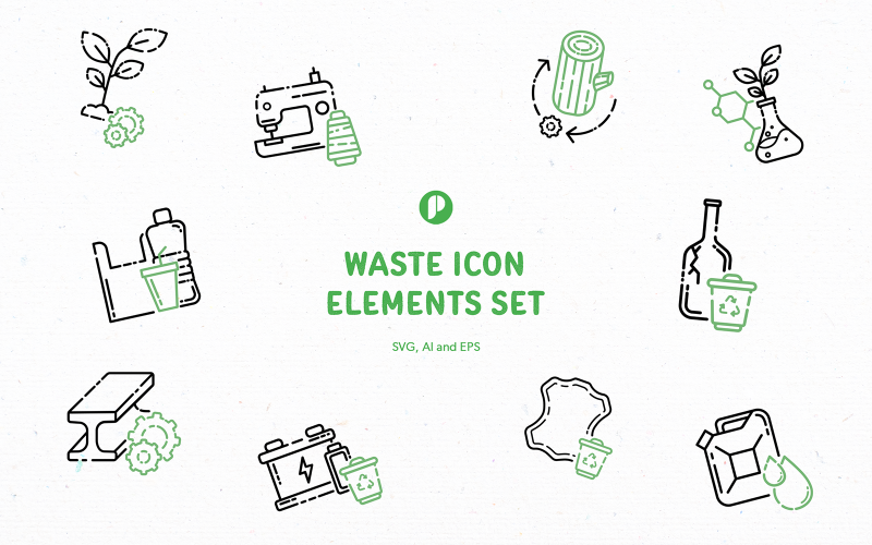 Black & Green Line Waste Icon Set Illustration