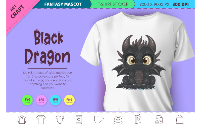Cartoon black dragon. Fantasy clipart. Vector Graphic