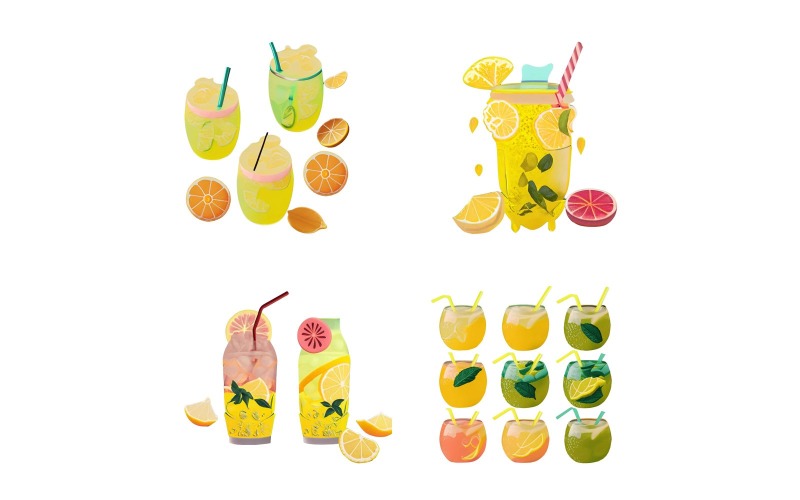 Cocktails set. Lemonade, orange, lime, mint, ice. Vector illustration. Vector Graphic