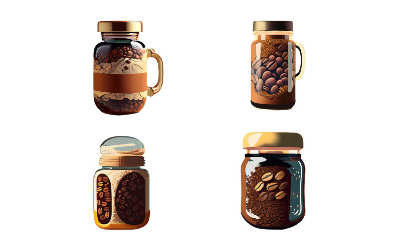 Coffee beans in a glass jar. Set of vector illustrations. Vector Graphic