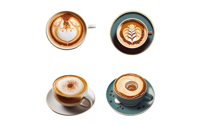 Coffee cups with latte art isolated on white background. Vector Graphic