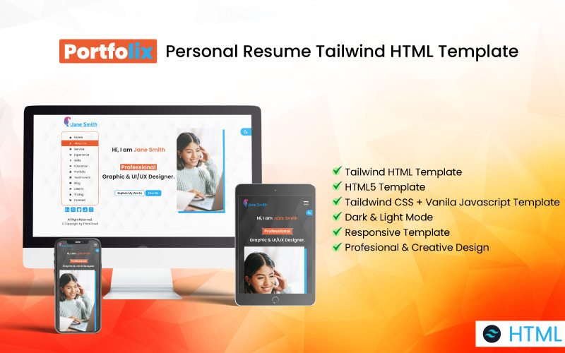 Portfolix - Personal Resume Tailwind HTML Template Landing Page Template