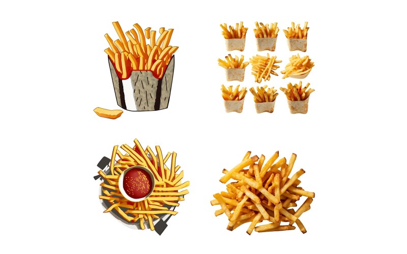 French fries with ketchup isolated on white background. Realistic. Vector Graphic